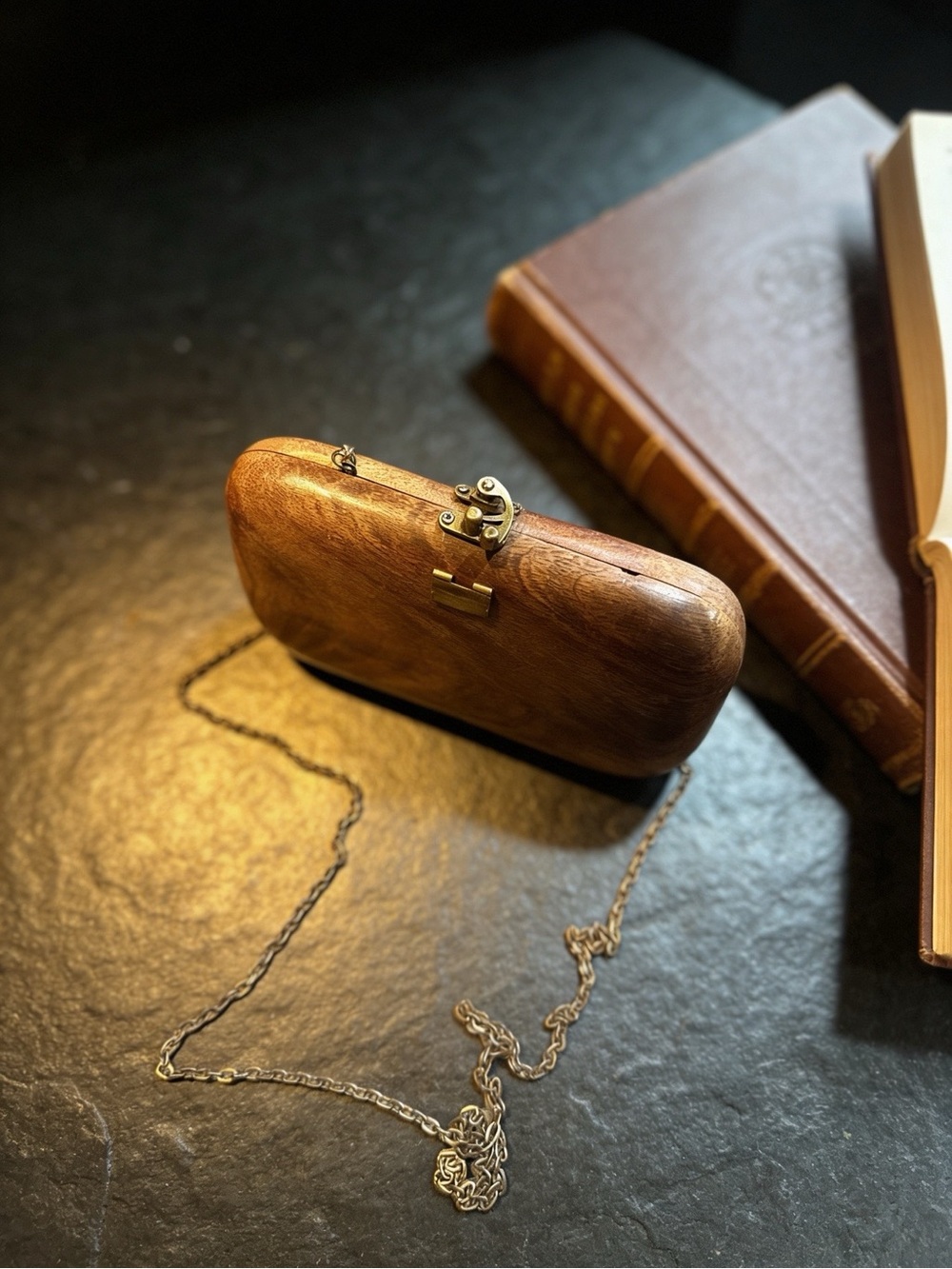Cost Plus World Market Wooden Oval Clutch with Gold Chain